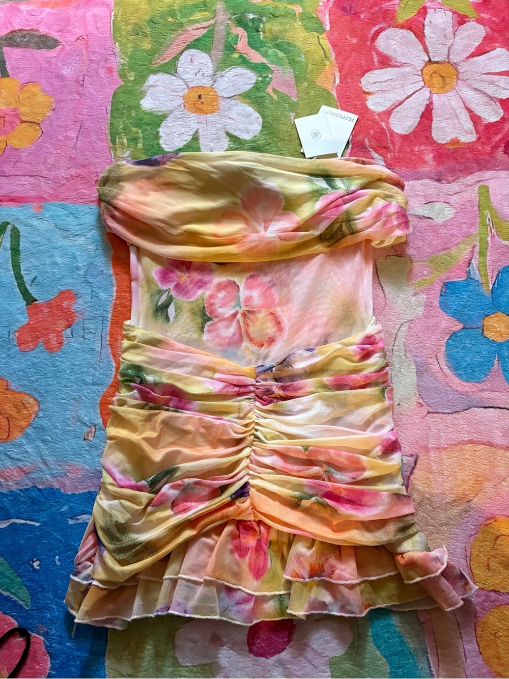 NWT Pepper Mayo Floral Ruched Mesh Tube Mini Dress - Y2K Coquette Party